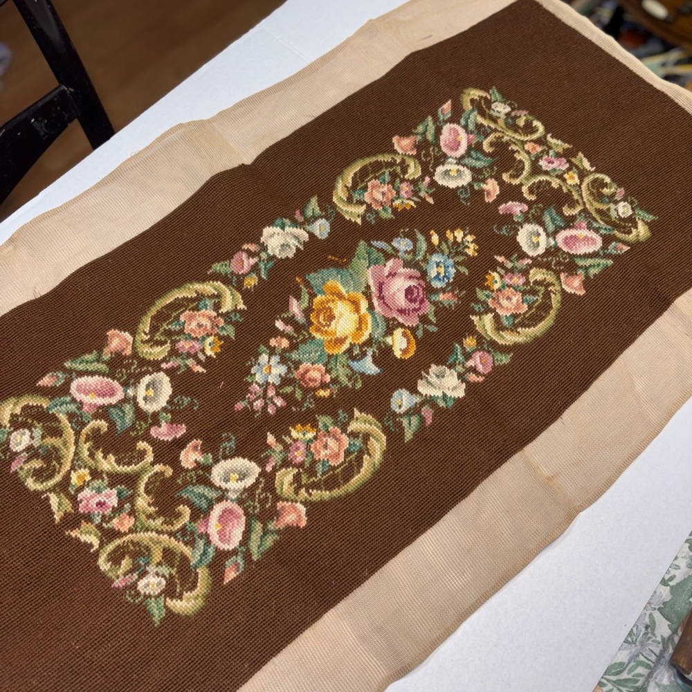 22” x 39” vintage handmade needlepoint tapestry floral bench panel upholstery - Picture 10 of 12